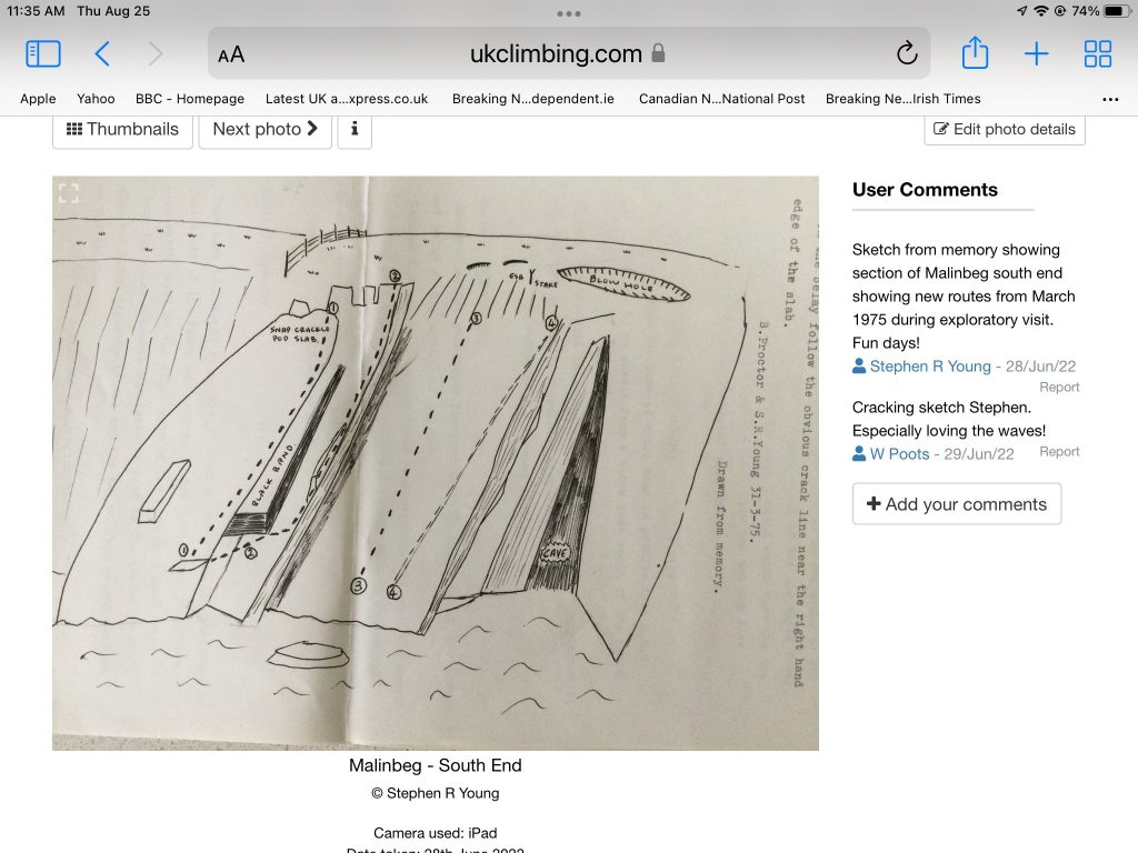 Sketch made 1975 of new routing by Steve Young at South End, near the Blow Hole. A different planet